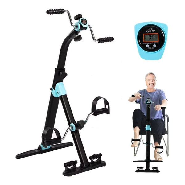 دراجة تمارين مزدوجة، مدرب دراجات صغيرة لتمارين الذراع والساق مع شاشة LCD ودواسة لتدليك القدم لكبار السن، المسنين، تدريب إعادة تأهيل اليد والذراع والساق والركبة
