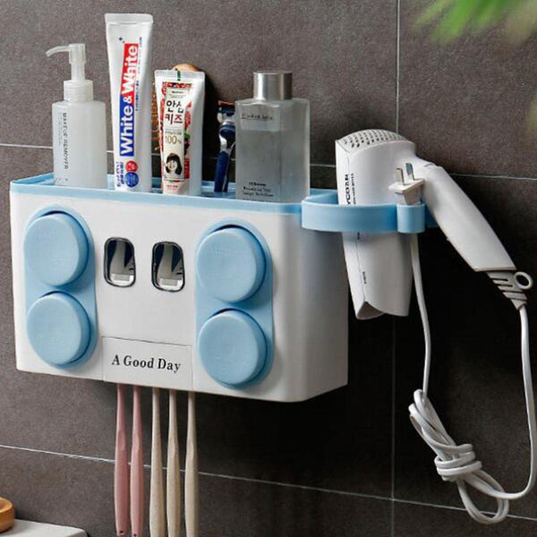 Toothbrush Holder Set Adhesive Toothpaste Dispenser Bathroom Organizer Blue