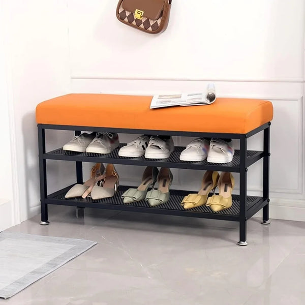 Bench with Cushioned Seat and Two Shelves for Shoe Storage